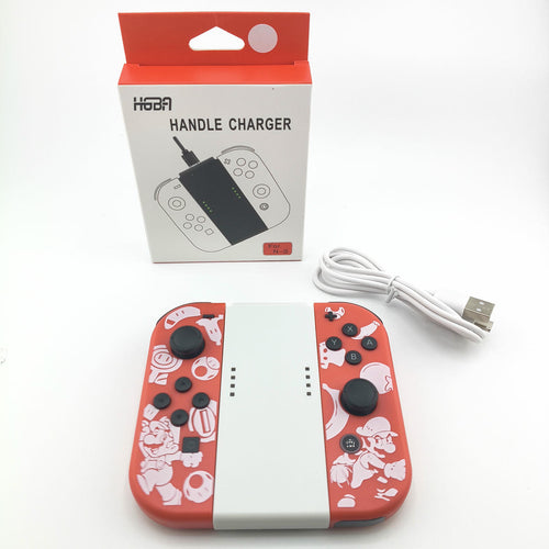 Charging grip per controller modulari vista frontale con cavo USB e confezione prodotto con controller inseriti