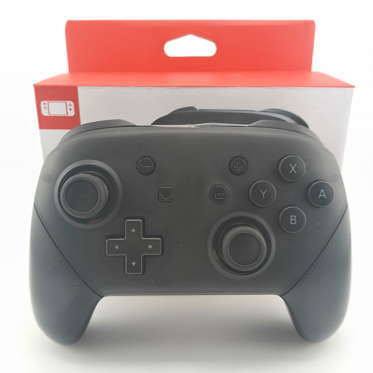 Controller wireless professionale per gaming vista frontale con box posizionato dietro al dispositivo