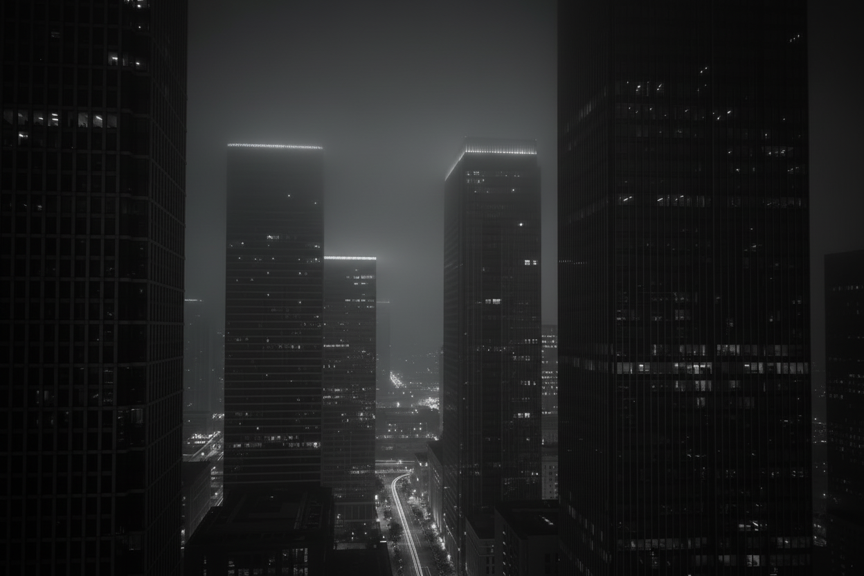 Hyper-realistic black and white cityscape